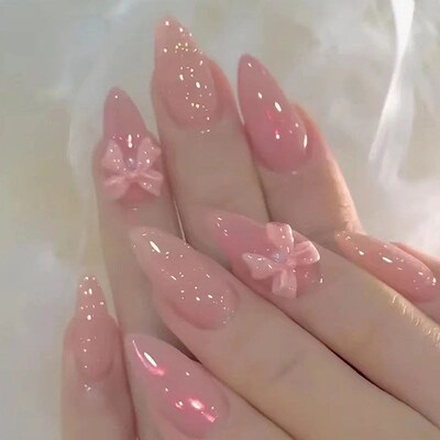 24Pcs Peach Blossom Fake Nails Press on Almond False Nails R