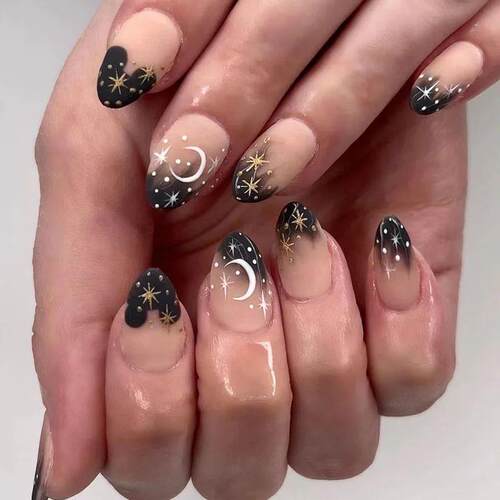 24Pcs Short Round Head Press on Fake Nails with Black Dot De