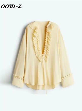 Boho Womens Yellow Ruffles Blouses Chiffon Sheer V-neck Ban