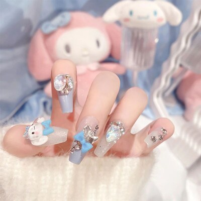 24Pcs  Blue Cinnamoroll Fake Nails Cute Anime Cartoon Kuromi