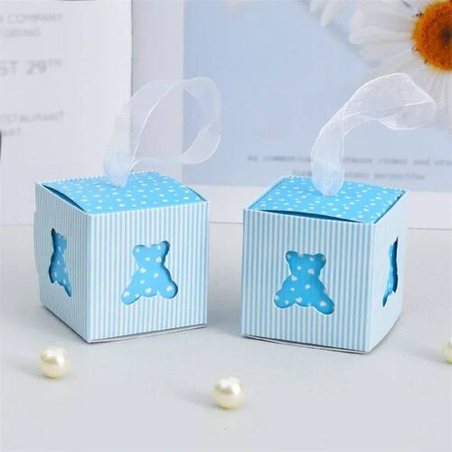 50pcs Blue Bear Candy Boxes with Ribbons for Baby Girl & Boy