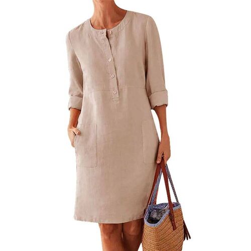 Cotton Linen Dress Spring Vintage Long Sleeve Button Pocket