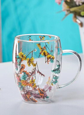 Creative Double Wall Glass Cup Real Flower Conch Flash Fille