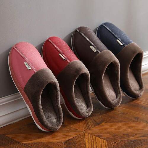 Warm Mens slippers Winter Casual Indoor Waterproof PU Leath