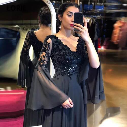Elegant Black Evening Dresses 2021 Flare Long Sleeve V-Neck