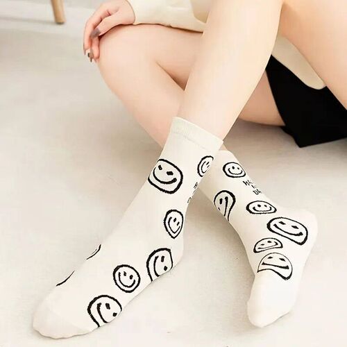 5 Pairs Happy Face Crew Socks , Cartoon Cat Breathable Cotto