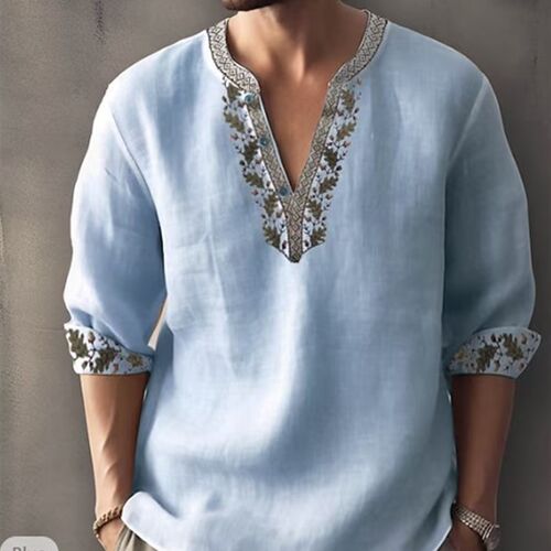 Cross border 2023 thin cotton and linen stand collar shirt