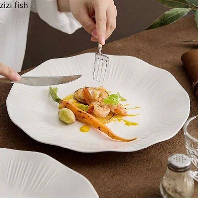 Creative Striped Ceramic Lotus Leaf Flat Plate Restaurant