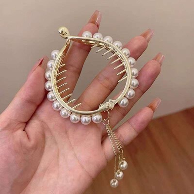 New Pearl Rhinestone Tassel Hairpin Womens Back of Head Bal