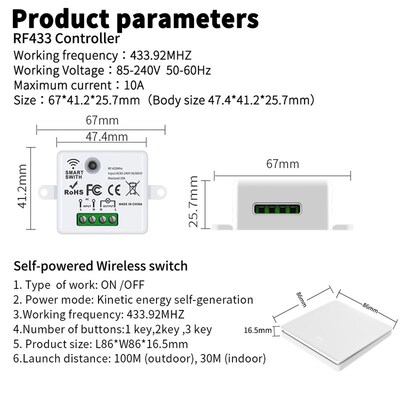 Self generating RF433 remote control switch can be attached