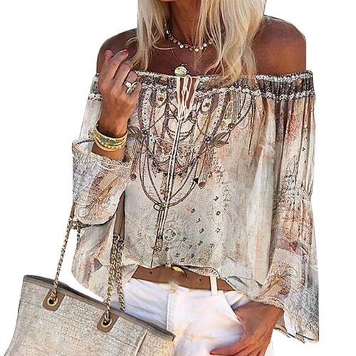 Women Chiffon Blouse Long Sleeve Off Shoulder Floral Print