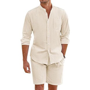 Sleeve Shirt Two Linen Piece Men Long Summer Cotton Shorts