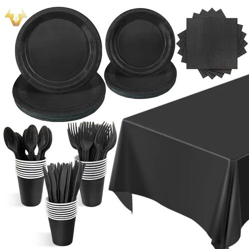 Black/Green/Blue/Red Solid Disposable Tableware Set Party Su