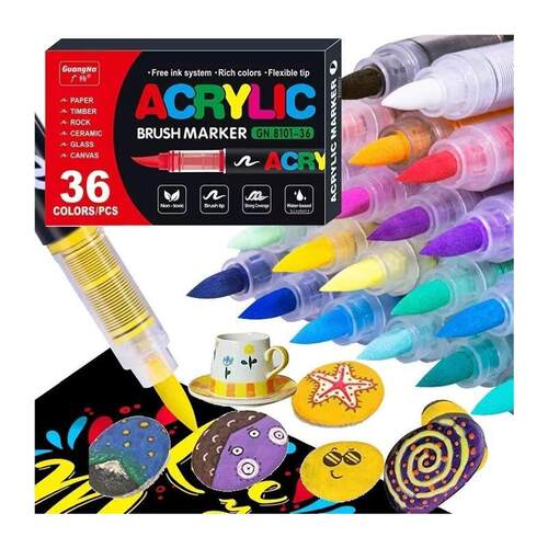 GuangNa 12pcs Acrylic Paint Pens Markers Brush Tip Paint Mar