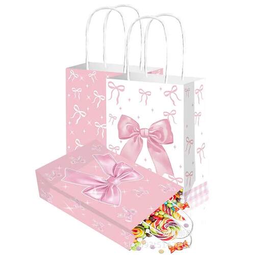 10/50pcs Pink Bow Themed Party Paper Gift Bag Candy Gift