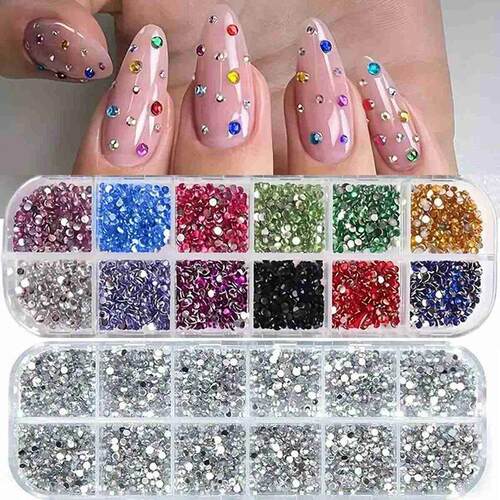 Kit 3 Rhinestone Nail Art Box Colorful Silver Stones + Rhine
