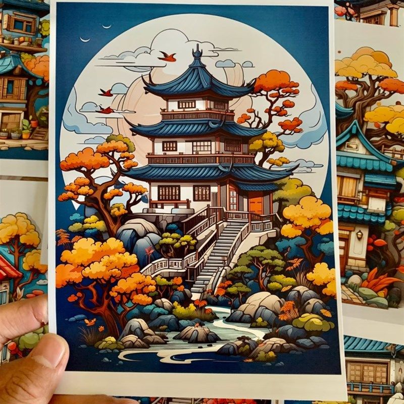 麦克笔中式建筑小房子临摹卡麦克笔入门建筑卡片低龄儿童画美术,节庆用品/礼品,文化创意明信片,淘宝优惠券,粉丝福利购,淘宝优惠卷