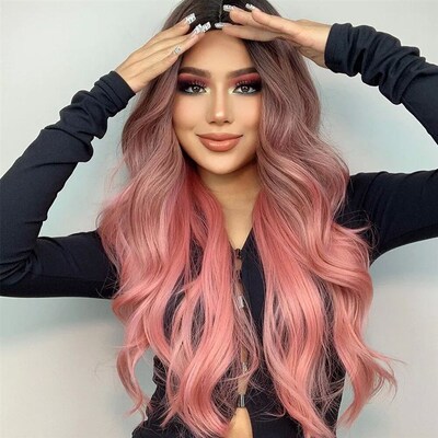 Pink Wigs For Women Long Wavy Wig Middle Part Cosplay Wig Sy