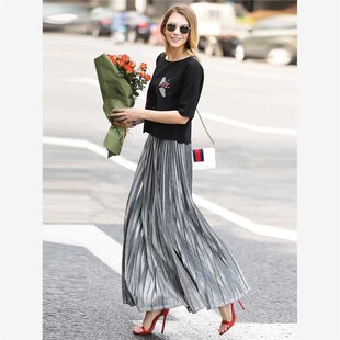 women retro long skirt 金属色半身裙松紧腰A字显瘦百褶裙