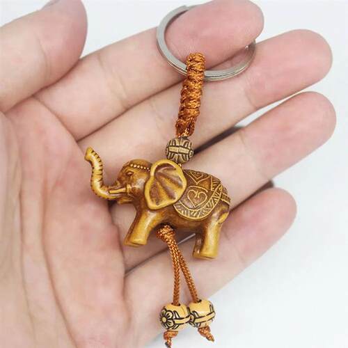 Elephant Keychain Peach Wood Carving Riches Lucky Animal Key