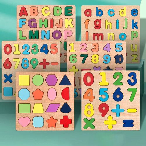 Kids Alphabetic Arithmetic Number Geometric Shapes Wooden Pu
