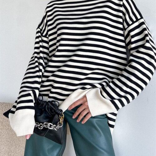 O Neck Vintage Striped Sweater Pullovers For Women Casual Lo