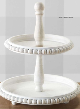 流行元素木珠白色木托盘圣诞节点心盘节日聚会派对农舍风双层托盘