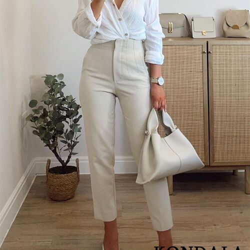 KONDALA Women Light Blue Chic Fashion Office Wear Straight P