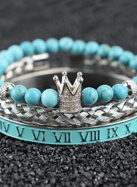 Natural Turquoise Stone Beads Crown Leopard Head Beaded Man