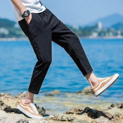 Spring and Summer Casual Plaid Cropped Pants Mens Small Leg