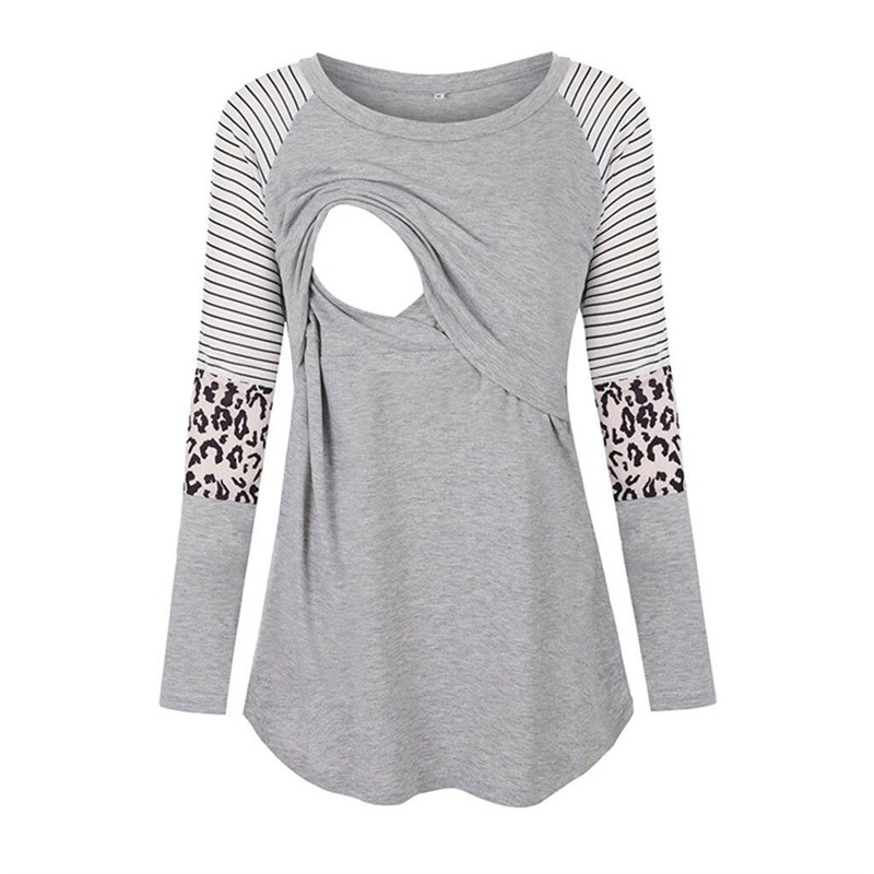 Women Maternity Long Sleeve Nursing Patchwork Color Tops Bre图片