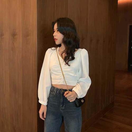 Puff sleeve Crop Top Women V neck Long sleeve Vintage Shirt