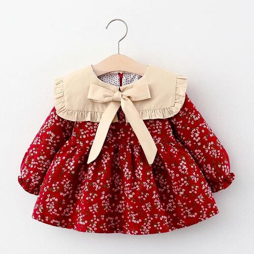Girls Autumn New Dress Childrens Solid Large  Neck Long Sl