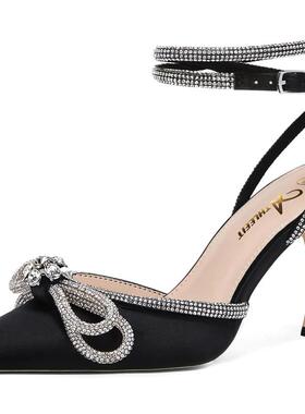 Womens Rhinestone Bow Heels Ankle Strap Pointed Toe Stilett