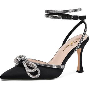 Womens Rhinestone Bow Heels Ankle Strap Pointed Toe Stilett