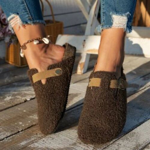 Women Slippers Mules Fur Women Shoes Winter New Buckle Flats