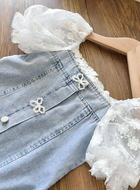 Children Girls Beads Lace Sleeve Denim  Dress Toddler  Fashi