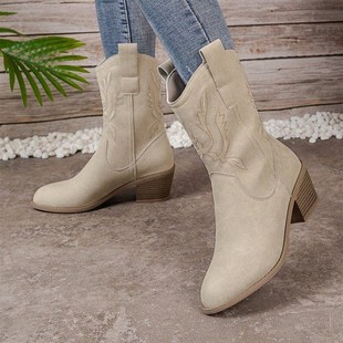 Womens Chunky Heel Mid-Calf Vintage Western Cowboy Boots 靴