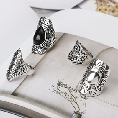 4PCS/Set Vintage Turkish Beach Punk Resin Beads Ring Set Eth