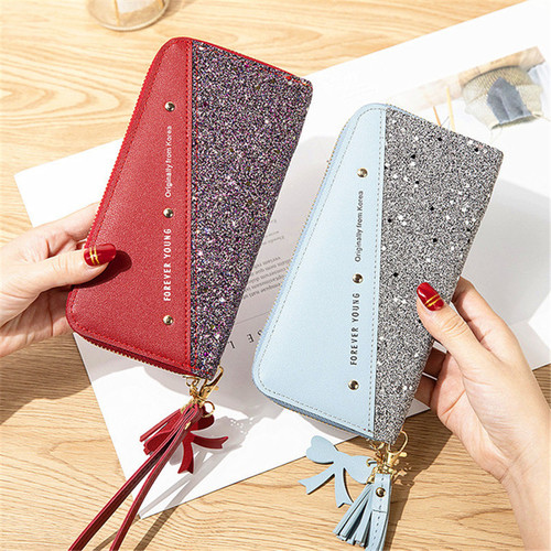 Fashion Womens Pu Leather Long Wallets Sequins Patchwork Gl