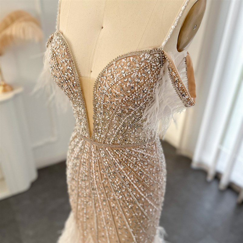 Sharon Said Luxury Feathers White Nude Prom Evening Dresses图片