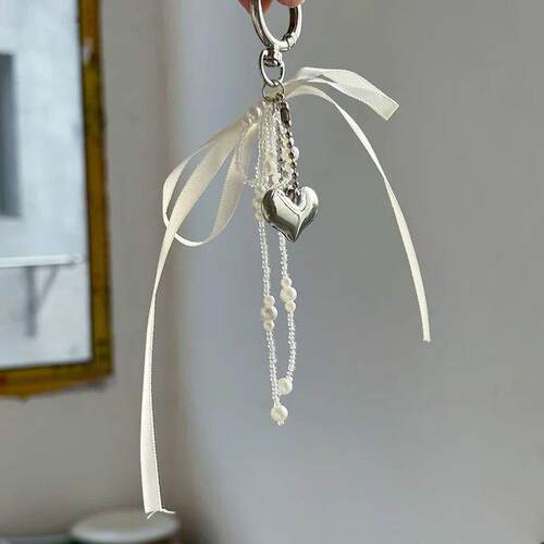 Imitation Pearl Bow Key Ring Ribbon Beaded Keychain Korean