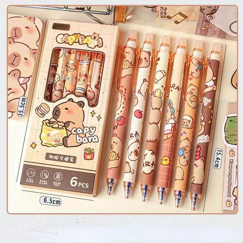 6Pcs Kawaii Capybara Erasable Gel Pen with Eraser Blue Ink Q