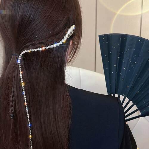 Full Rhinestone Snake Hair Band for Hair Women Long Tassel C