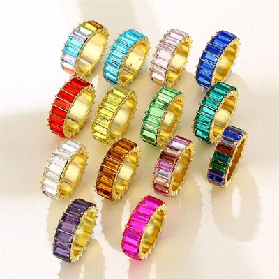 Luxury 3A Zircon Rainbow Ring Multi Color Crystal Eternity S