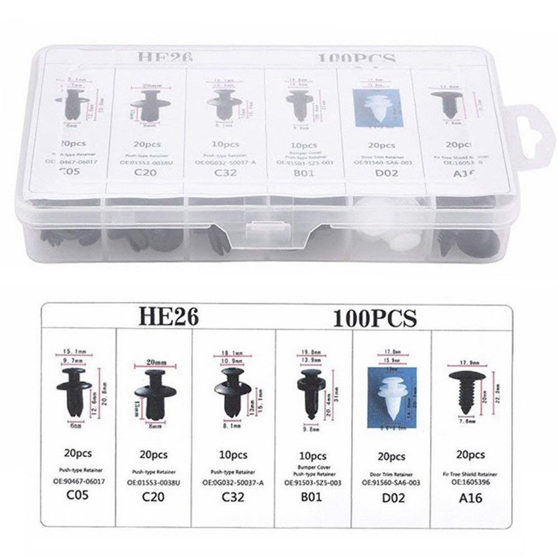 6 Size 100pcs Universal Mixed Auto Fastener Car Bumper Clips