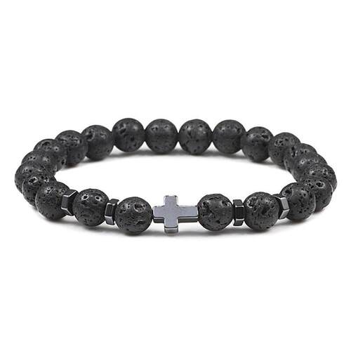 Prayer Men Natural Stone Wood Beads Rosary Hematite Cross Br