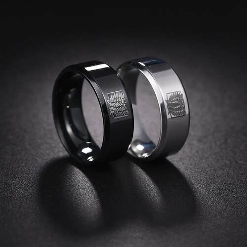 8mm Attack on Titan Black Sliver Stainless Steel Ring Wings