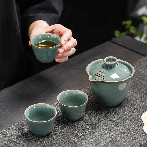 New Ceramics Tea Set 3 Cups Gaiwan Portable Travel Chinese K