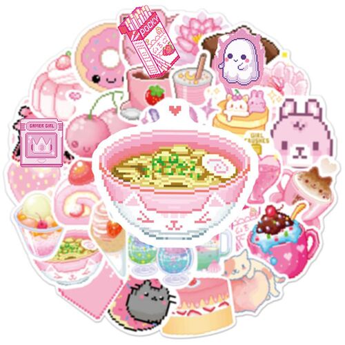 2023New 50PCS INS Style Cute Pink Pixel Cartoon Stickers DIY